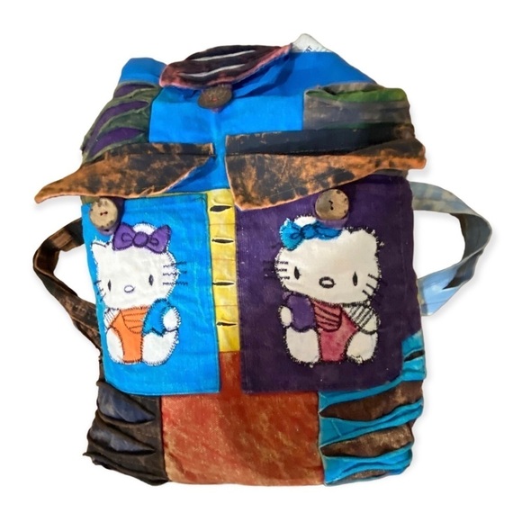 HELLO Kitty style burlap Kantha bohemian patchwork knapsack backpack Large - Picture 7 of 16